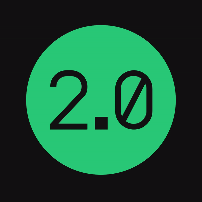 Spinning green disc with "2.0" in black text